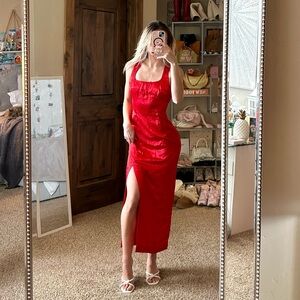 Jessica McClintock Gunne Sax VTG 90s
Cherry Red Satin Lace Back Slit Maxi Dress